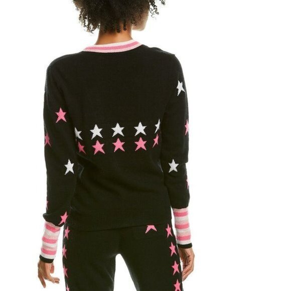 Scott & Scott London Womens Black Pink White Pure Cashmere Star Print Cardigan L - Picture 2 of 9